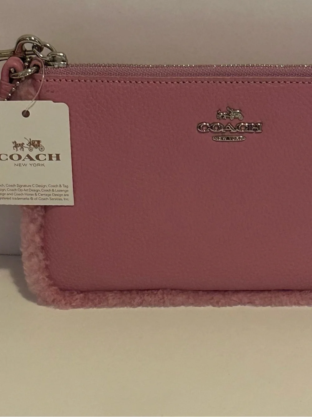 Coach Pink Shearling-Trim Wristlet Pouch